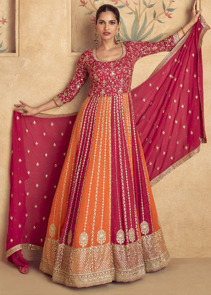 Red & Orange Georgette Embroidered Anarkali Gown