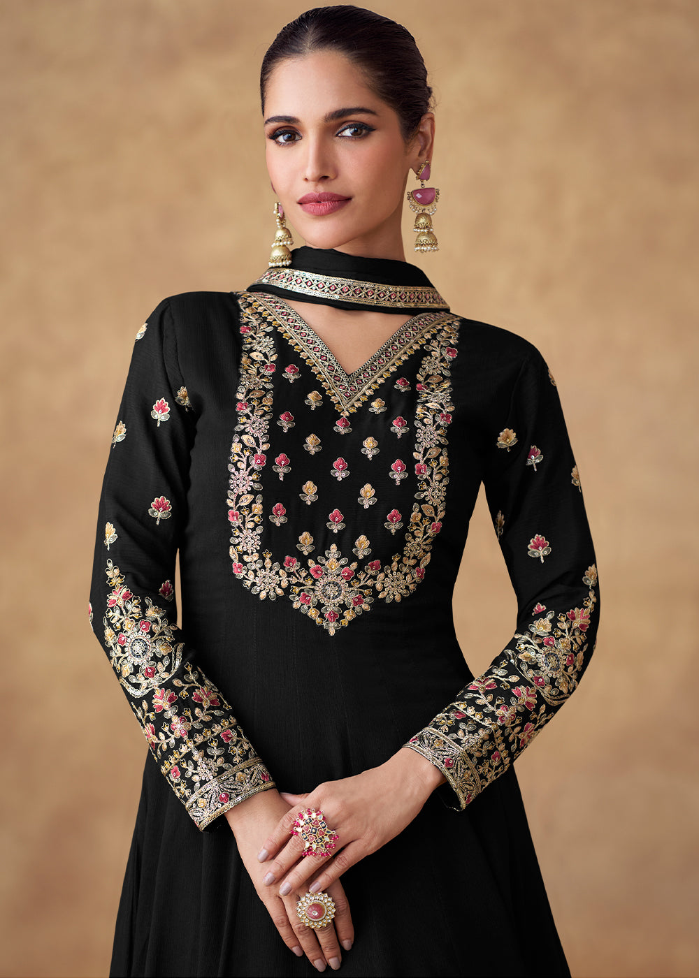 Pebble Black Anarkali Gown Adorned with Floral Embroidery