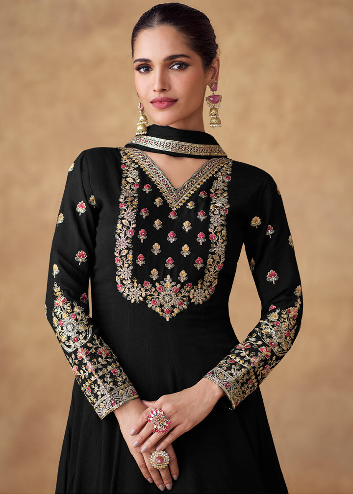 Pebble Black Anarkali Gown Adorned with Floral Embroidery