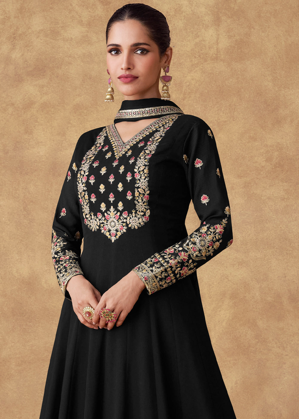 Pebble Black Anarkali Gown Adorned with Floral Embroidery