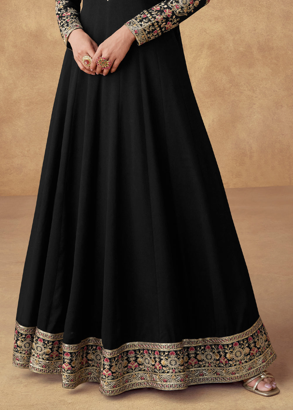 Pebble Black Anarkali Gown Adorned with Floral Embroidery
