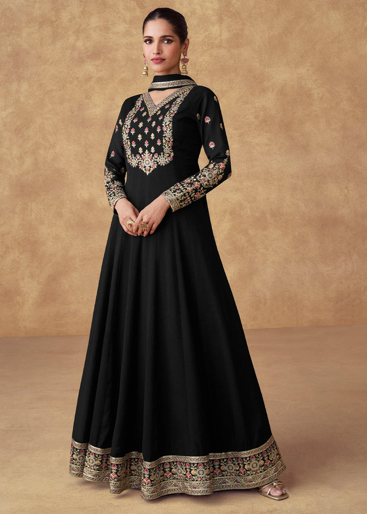 Pebble Black Anarkali Gown Adorned with Floral Embroidery