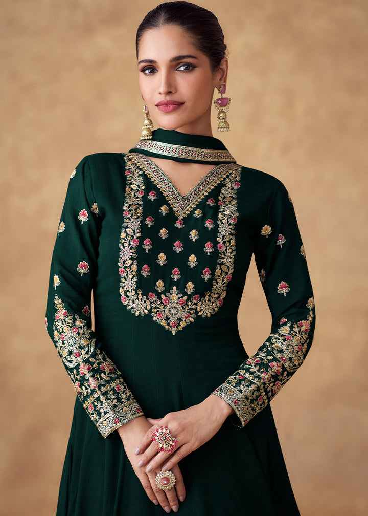 Sacramento Green Anarkali Gown Adorned with Floral Embroidery