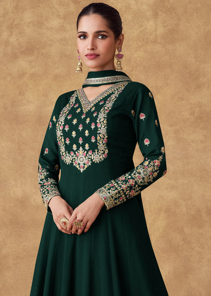 Sacramento Green Anarkali Gown Adorned with Floral Embroidery