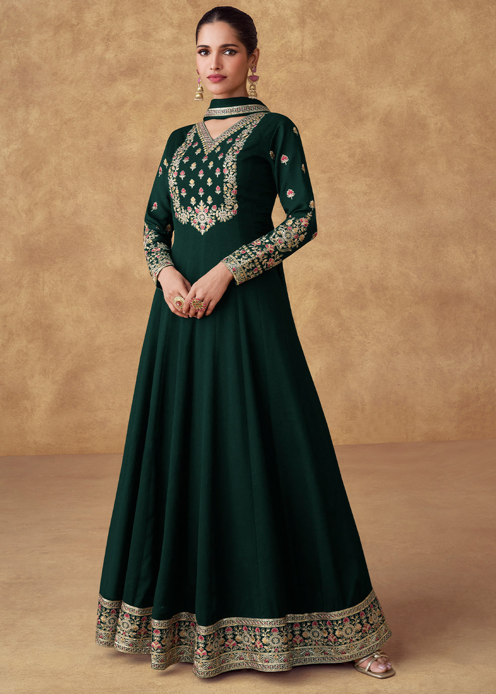 Sacramento Green Anarkali Gown Adorned with Floral Embroidery