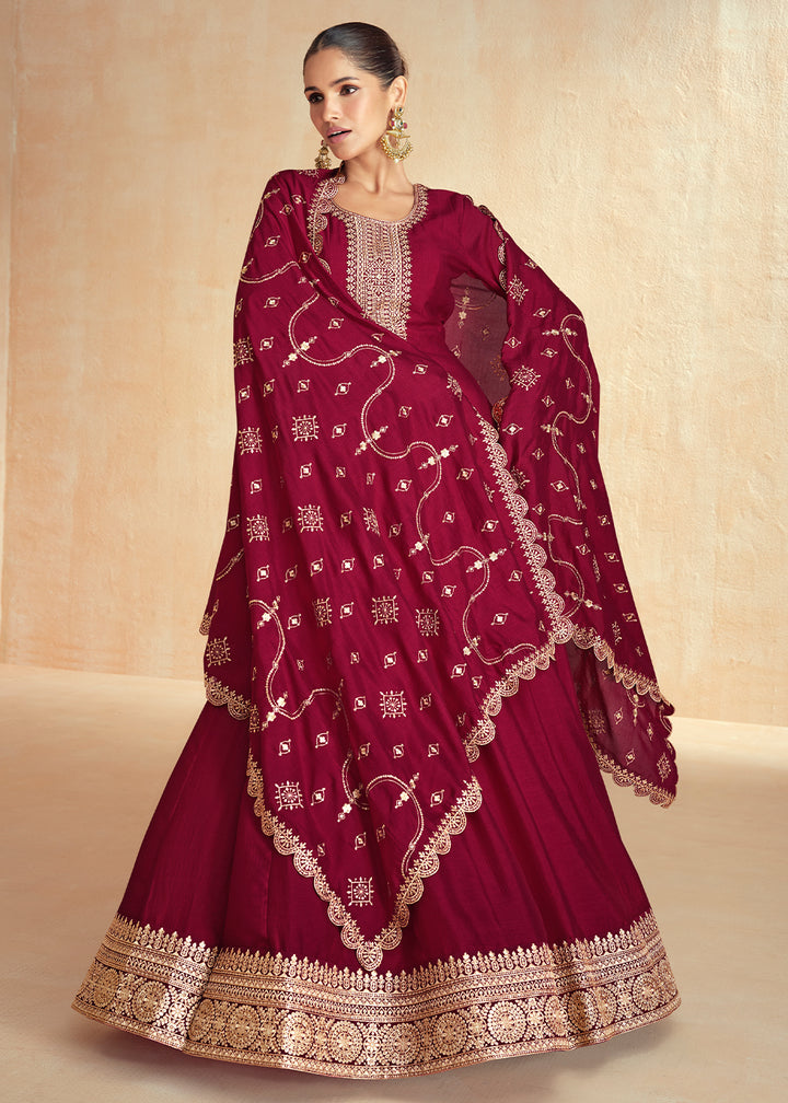 Red Violet Anarkali Gown Highlighted with Fine Embroidery