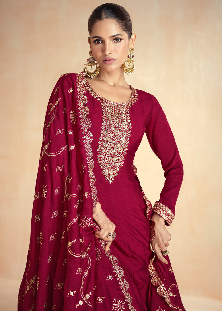 Red Violet Anarkali Gown Highlighted with Fine Embroidery