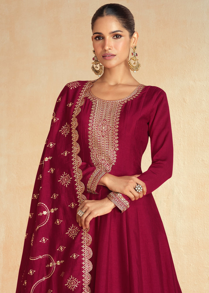 Red Violet Anarkali Gown Highlighted with Fine Embroidery