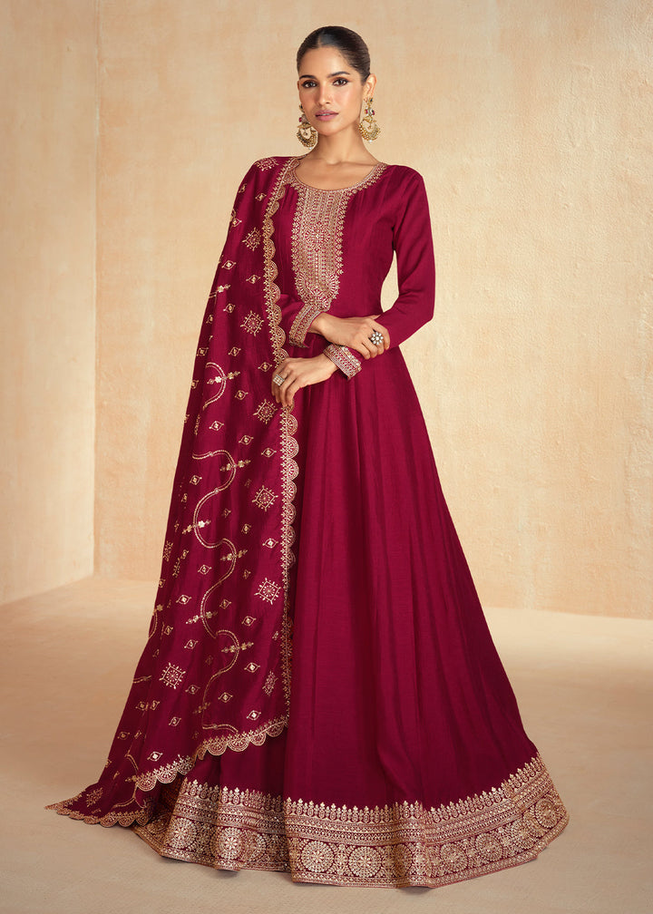 Red Violet Anarkali Gown Highlighted with Fine Embroidery