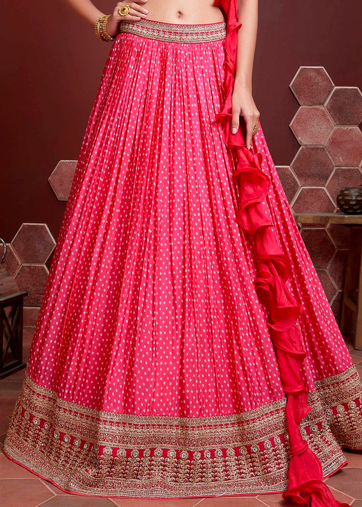 Bright Pink Digital Printed Chinon Silk Lehenga & Heavy Embroidery with Swaroski