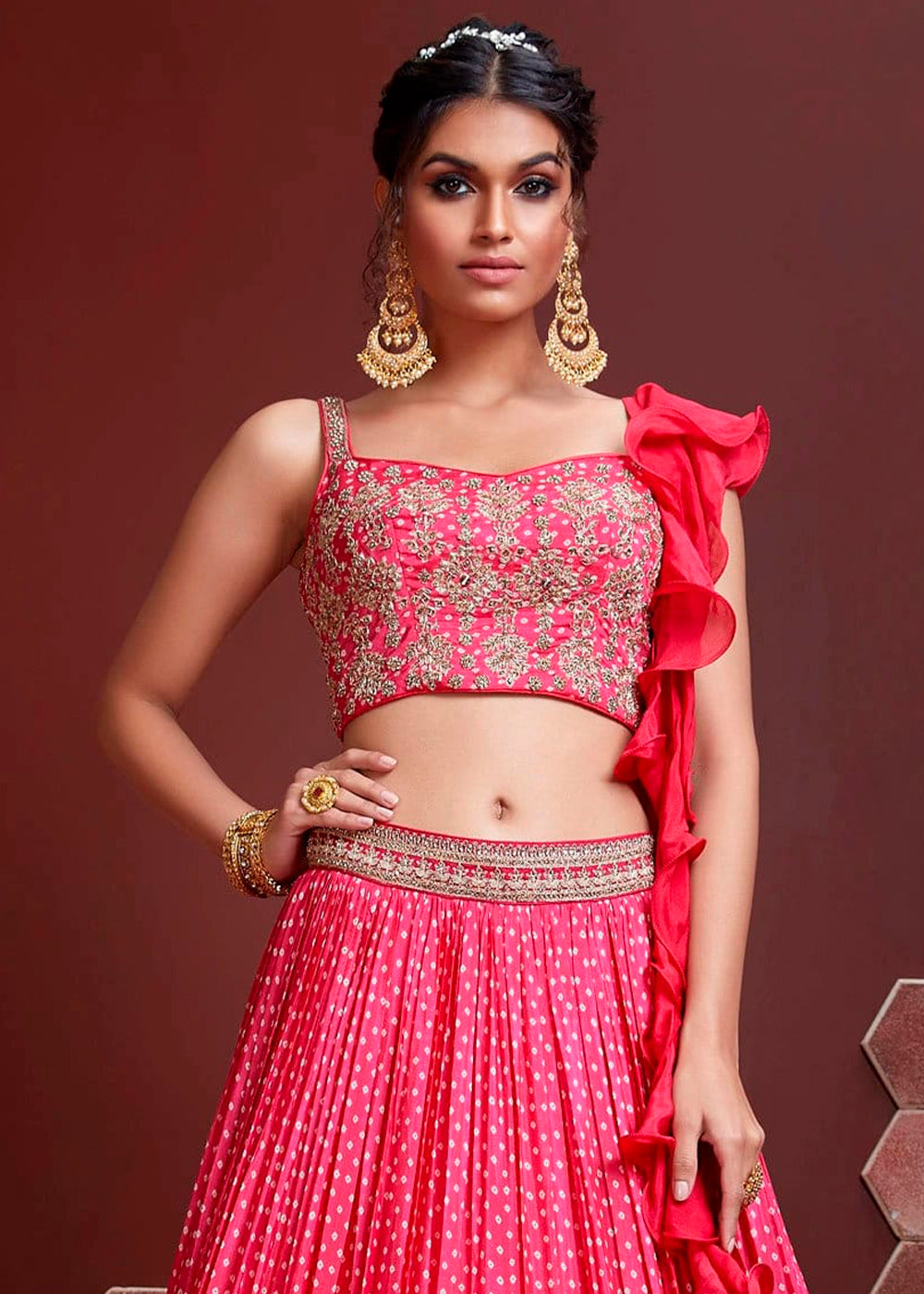 Bright Pink Digital Printed Chinon Silk Lehenga & Heavy Embroidery with Swaroski