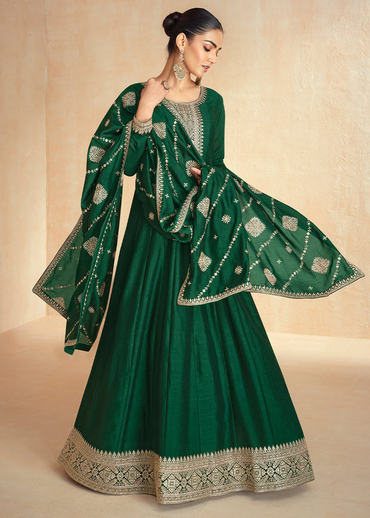 Forest Green Anarkali Gown Highlighted with Fine Embroidery