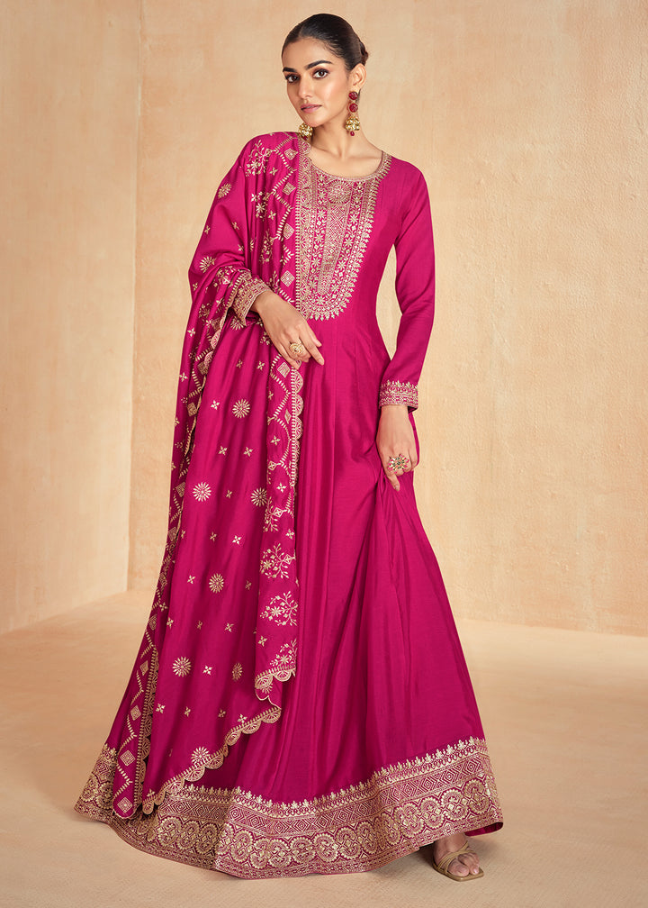 Hot Pink Anarkali Gown Highlighted with Fine Embroidery