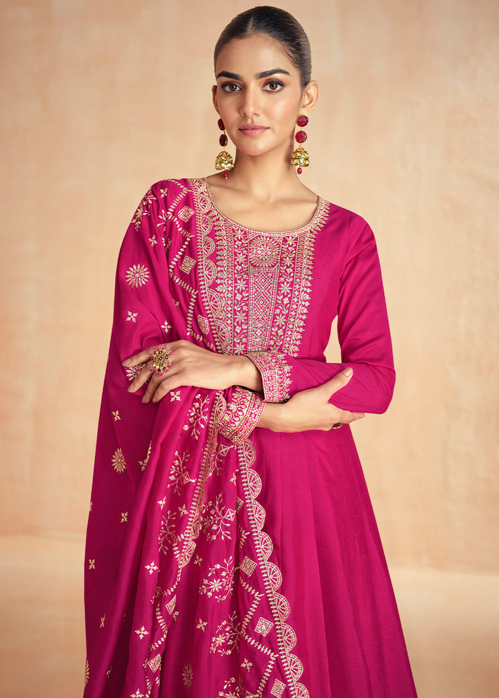 Hot Pink Anarkali Gown Highlighted with Fine Embroidery