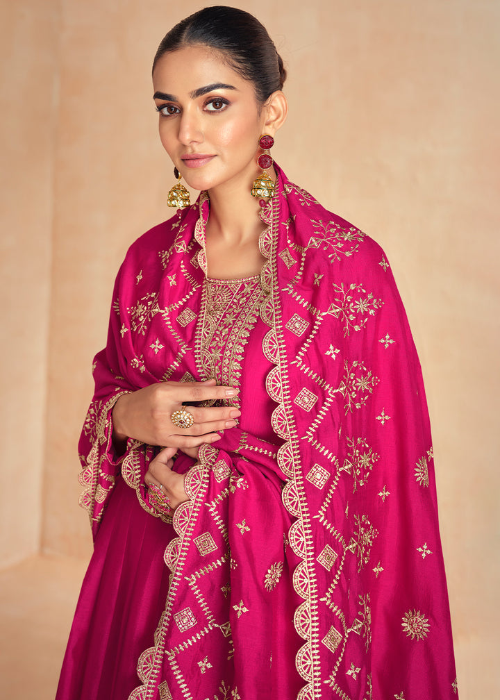 Hot Pink Anarkali Gown Highlighted with Fine Embroidery