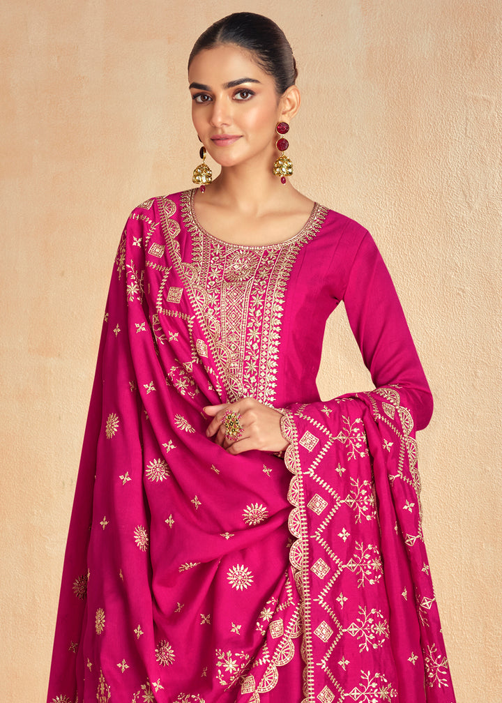 Hot Pink Anarkali Gown Highlighted with Fine Embroidery