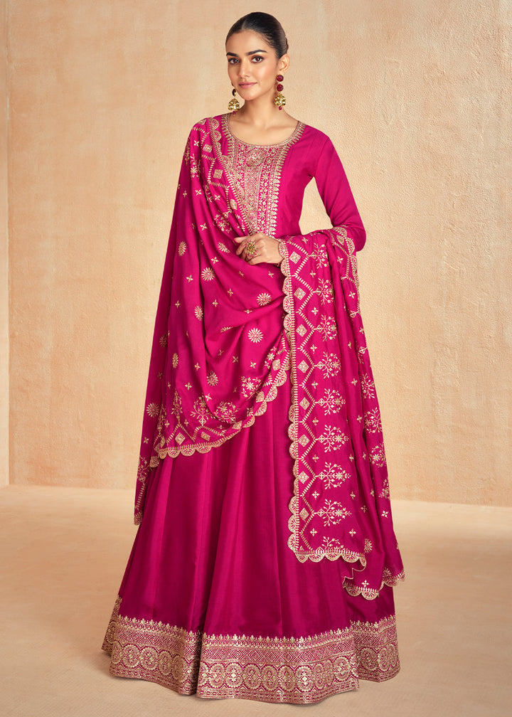 Hot Pink Anarkali Gown Highlighted with Fine Embroidery