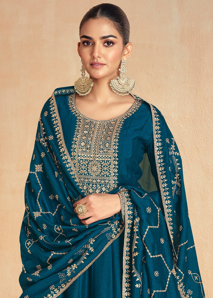 Indigo Dye Blue Anarkali Gown Highlighted with Fine Embroidery