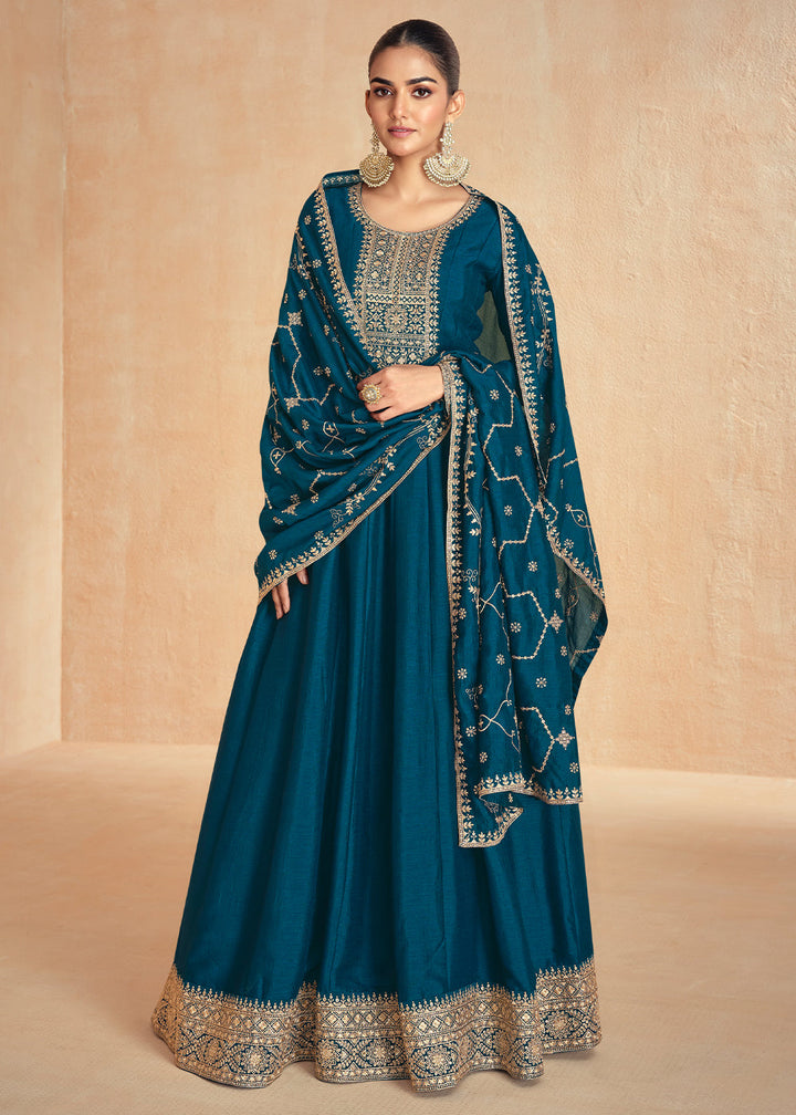 Indigo Dye Blue Anarkali Gown Highlighted with Fine Embroidery