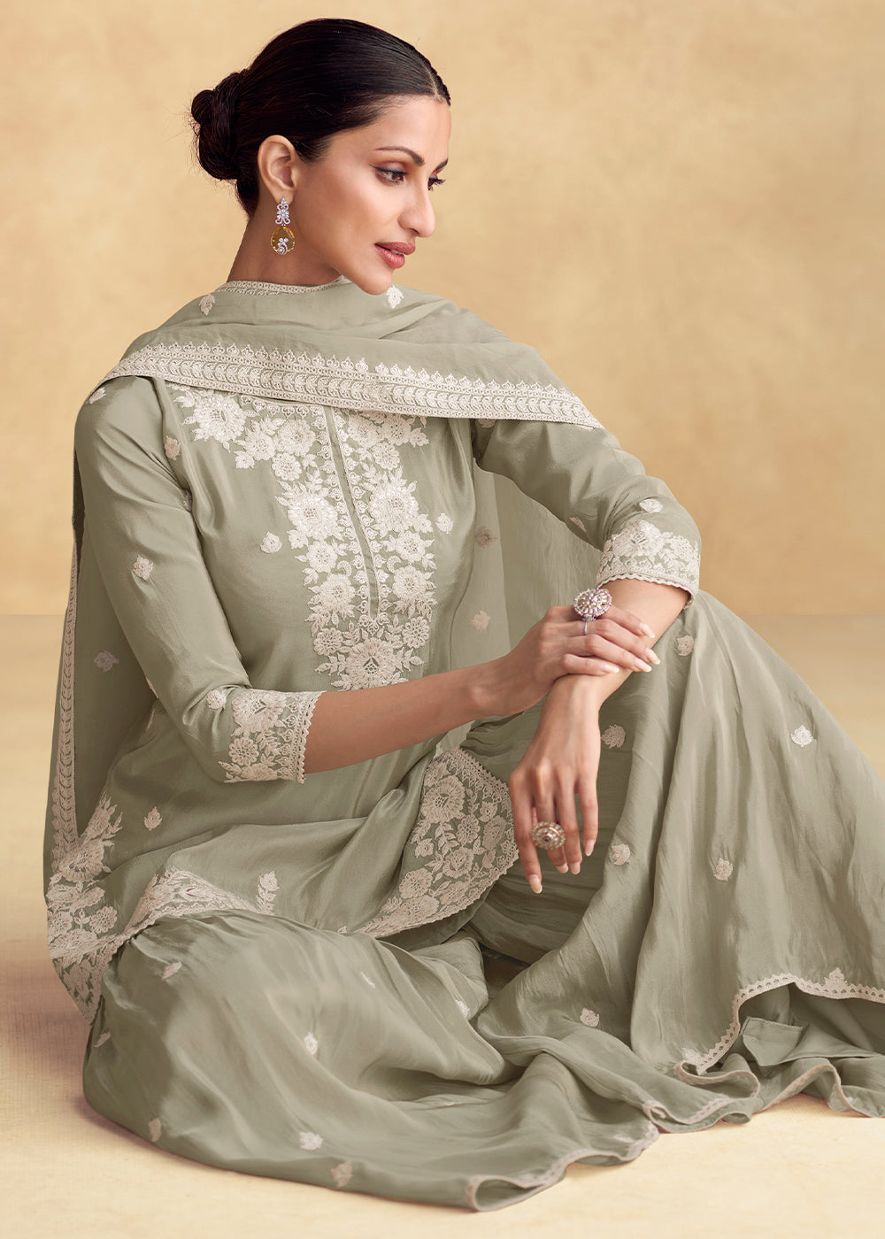 Light Grey Plazzo Suit Crafted from Simar Silk with Embroidery