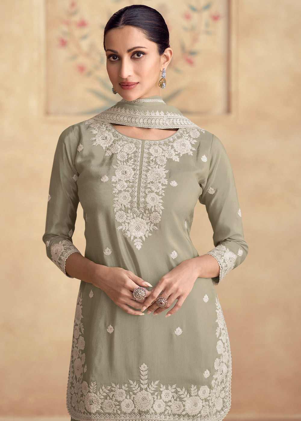 Light Grey Plazzo Suit Crafted from Simar Silk with Embroidery