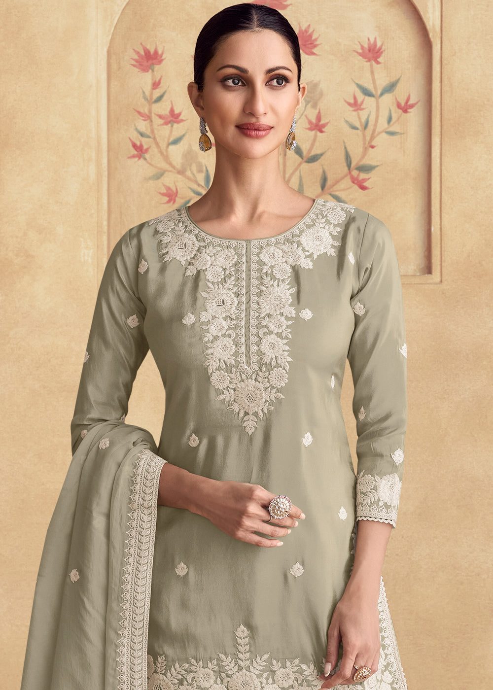 Light Grey Plazzo Suit Crafted from Simar Silk with Embroidery