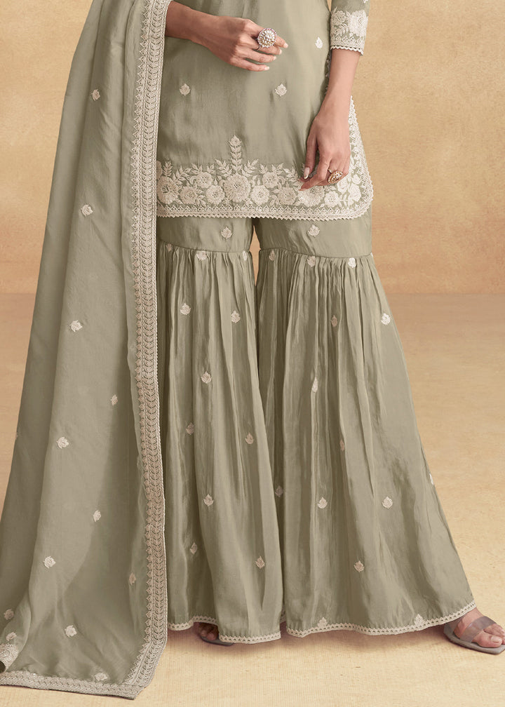 Light Grey Plazzo Suit Crafted from Simar Silk with Embroidery