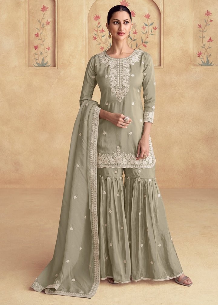 Light Grey Plazzo Suit Crafted from Simar Silk with Embroidery