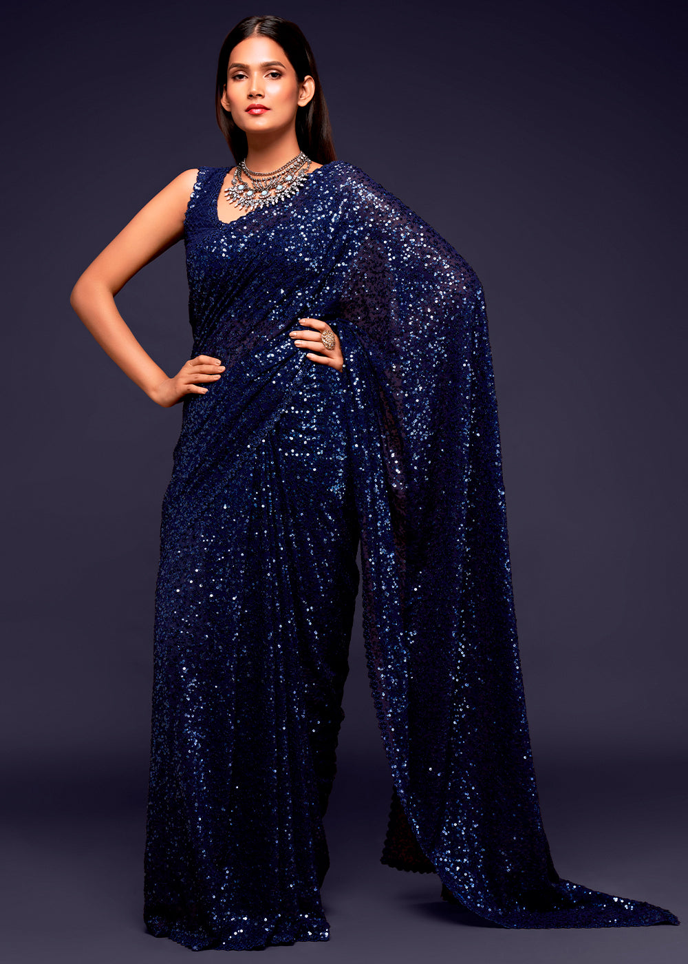 Berry Blue Sequins Georgette Saree with Thread Embroidery