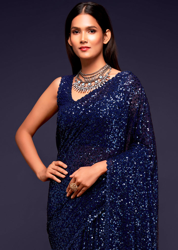 Berry Blue Sequins Georgette Saree with Thread Embroidery