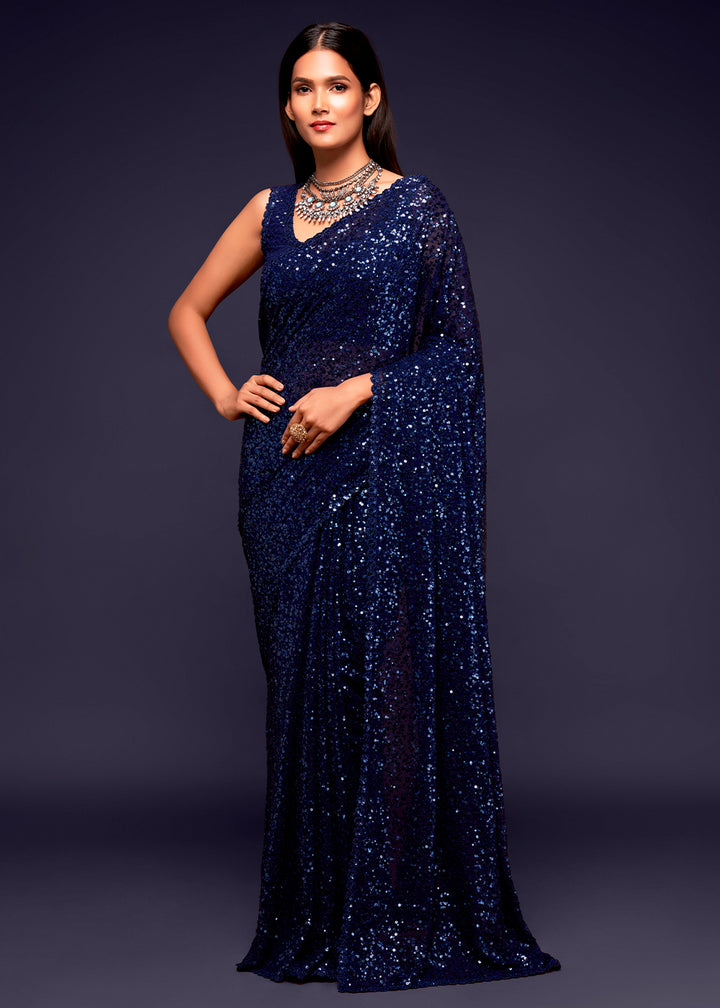 Berry Blue Sequins Georgette Saree with Thread Embroidery