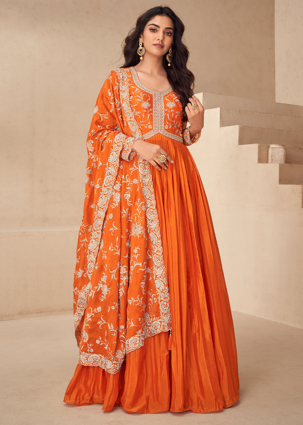 orange colour anarkali dress Vibrant Orange Organza Anarkali: A Timeless Statement"