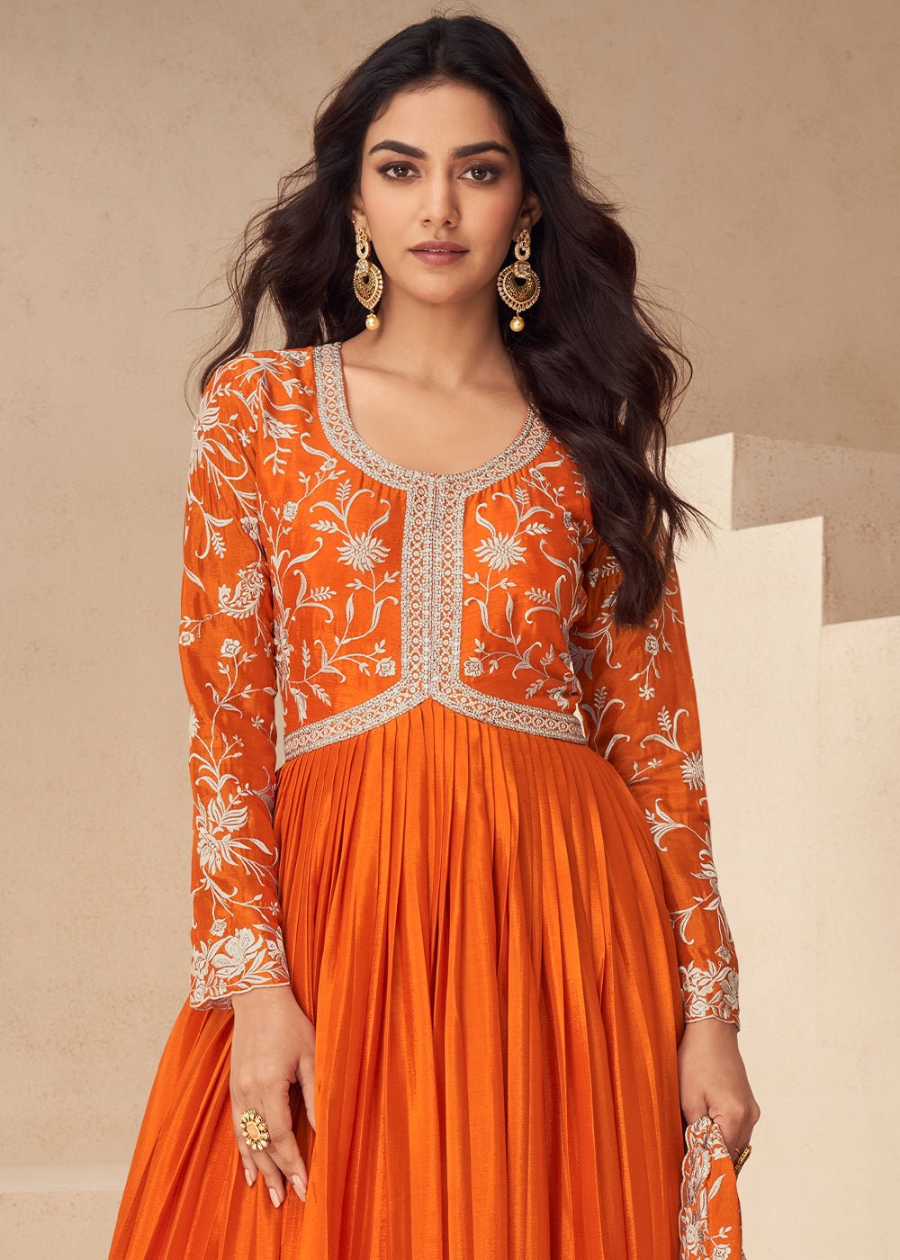 orange anarkali dress Embroidery Burnt Orange Anarkali Suit With Banarasi Organza Dupatta