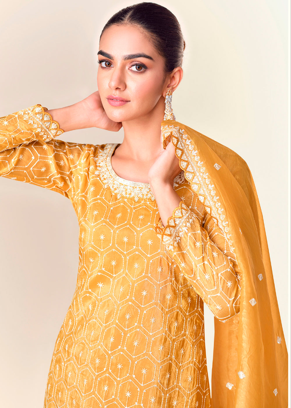 Dandelion Yellow Embroidered Crush Tissue Plazzo Suit