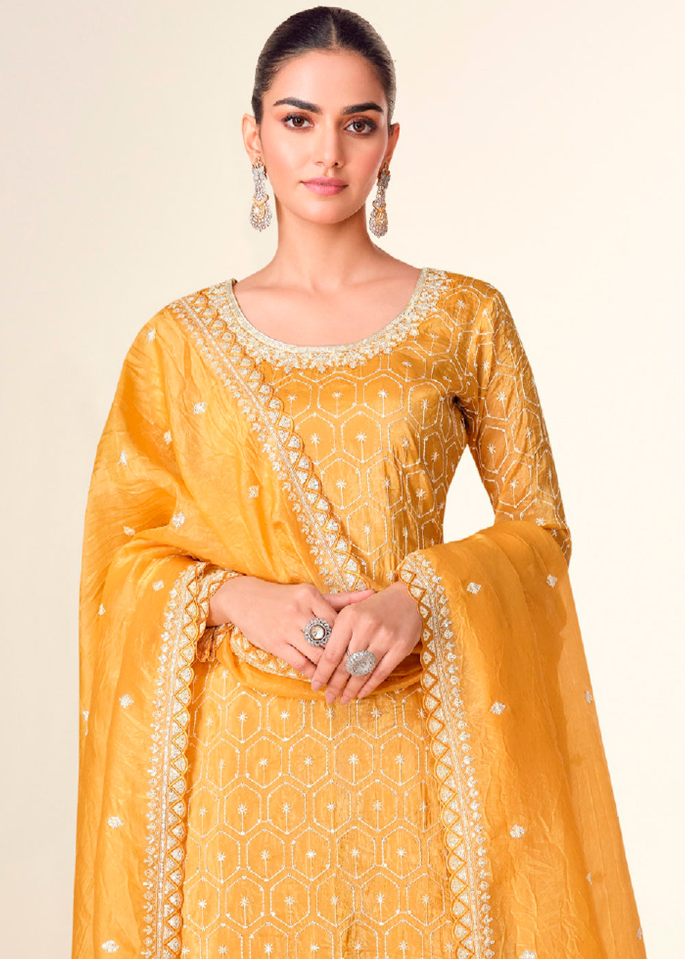 Dandelion Yellow Embroidered Crush Tissue Plazzo Suit