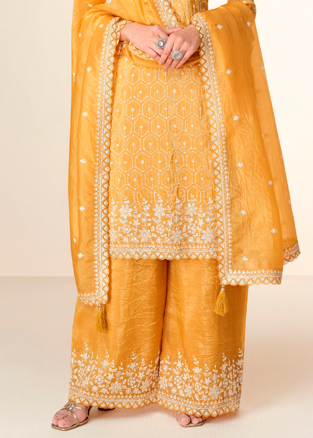 Dandelion Yellow Embroidered Crush Tissue Plazzo Suit