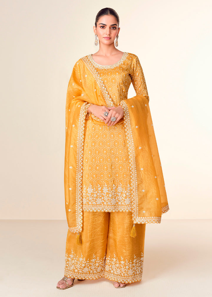 Dandelion Yellow Embroidered Crush Tissue Plazzo Suit