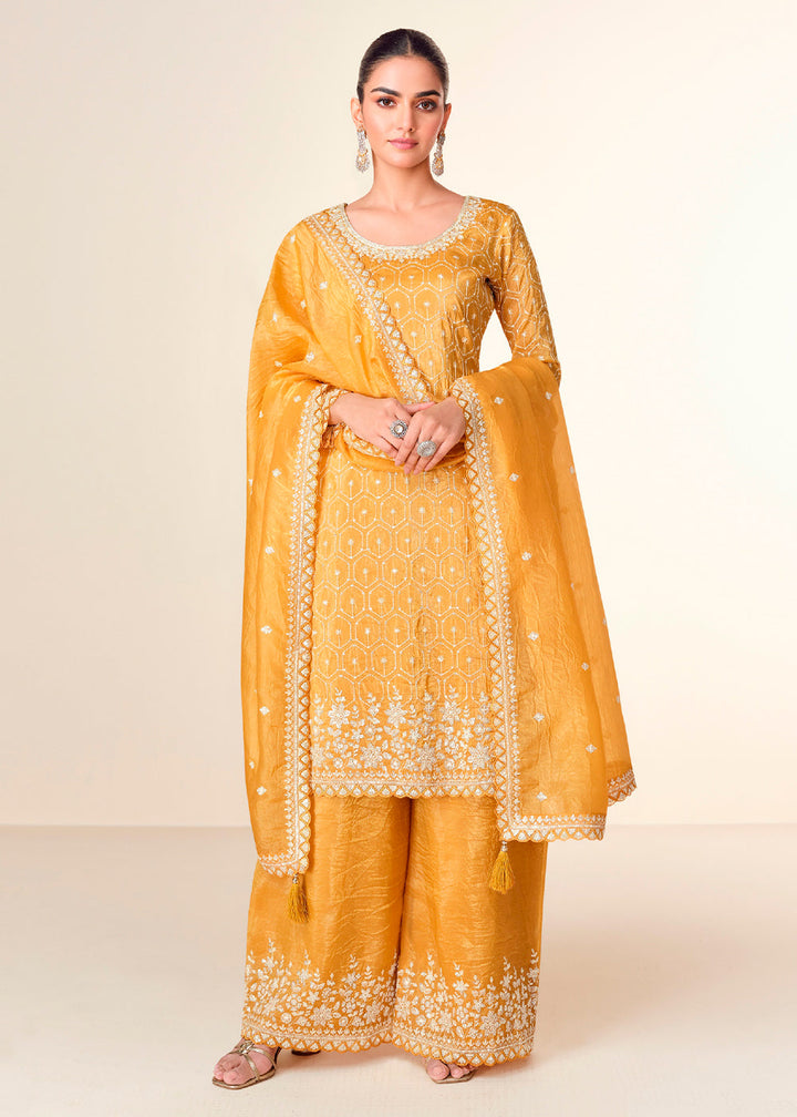 Dandelion Yellow Embroidered Crush Tissue Plazzo Suit