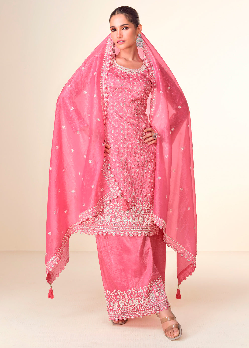 Creamy Pink Embroidered Crush Tissue Plazzo Suit