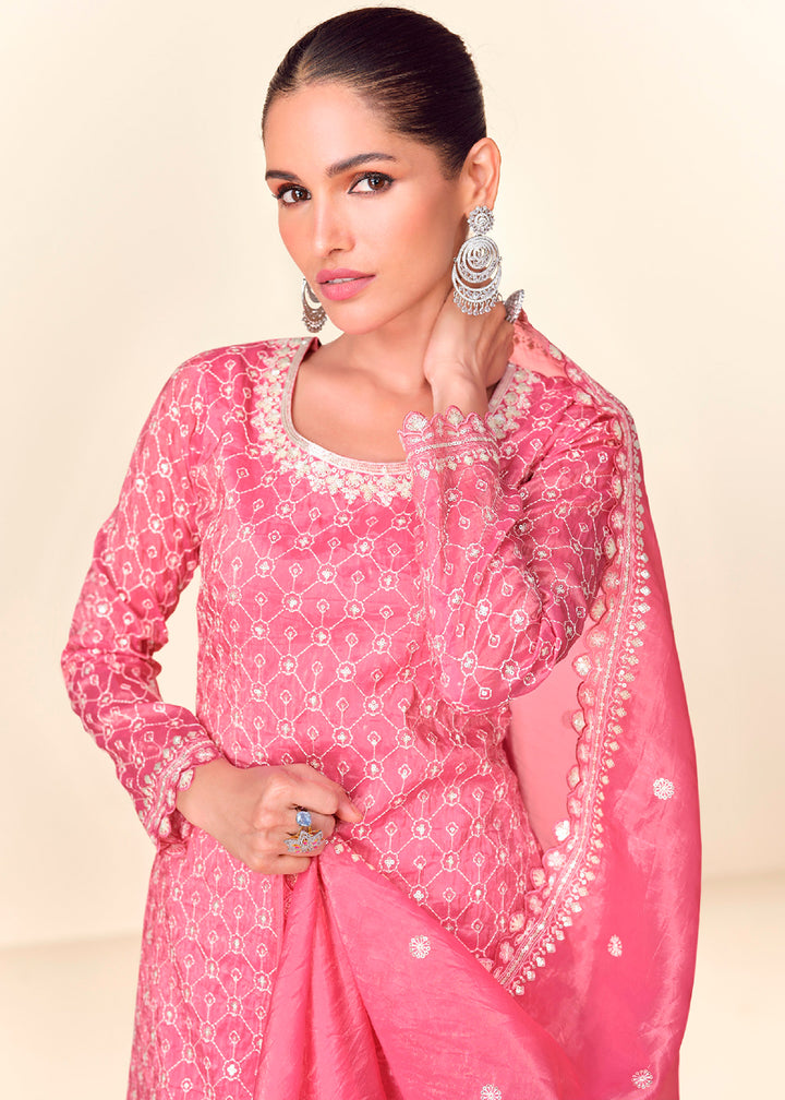 Creamy Pink Embroidered Crush Tissue Plazzo Suit