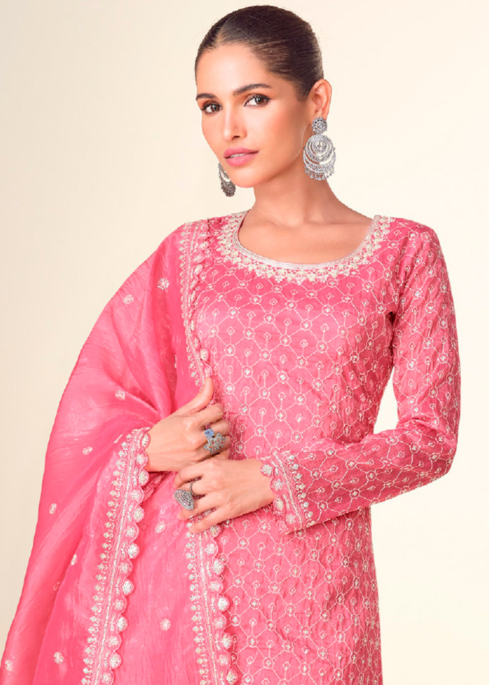 Creamy Pink Embroidered Crush Tissue Plazzo Suit