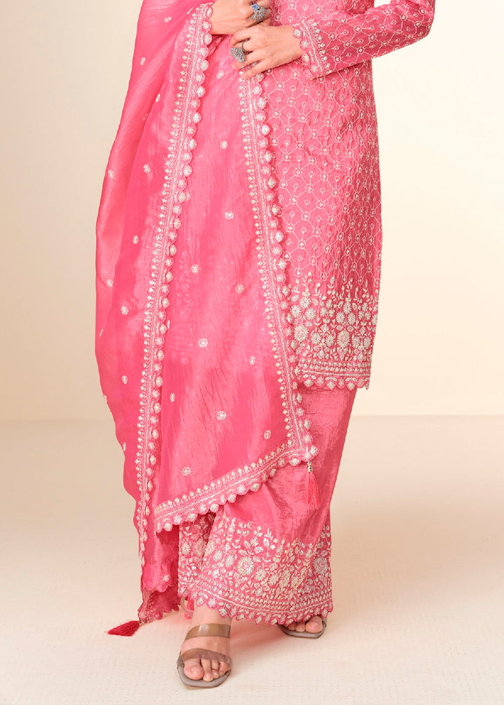 Creamy Pink Embroidered Crush Tissue Plazzo Suit