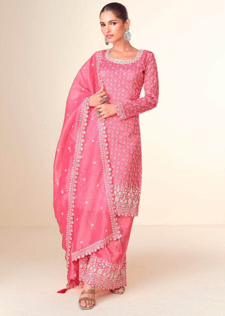 Creamy Pink Embroidered Crush Tissue Plazzo Suit