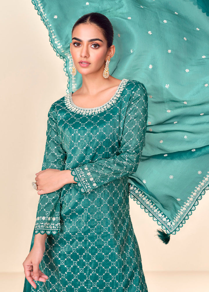 Teal Green Embroidered Crush Tissue Plazzo Suit