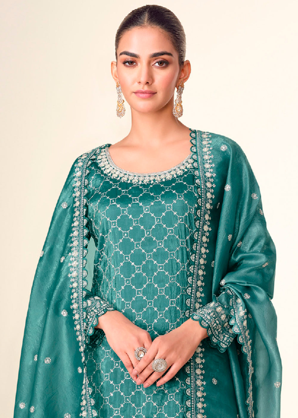 Teal Green Embroidered Crush Tissue Plazzo Suit