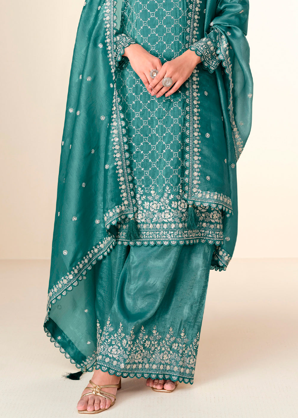 Teal Green Embroidered Crush Tissue Plazzo Suit