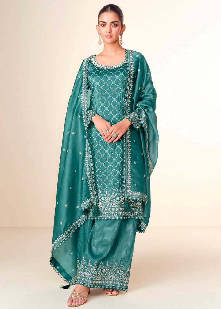 Teal Green Embroidered Crush Tissue Plazzo Suit