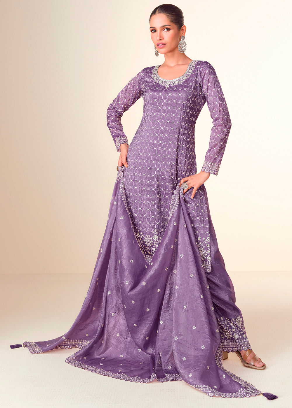 Amethyst Purple Embroidered Crush Tissue Plazzo Suit