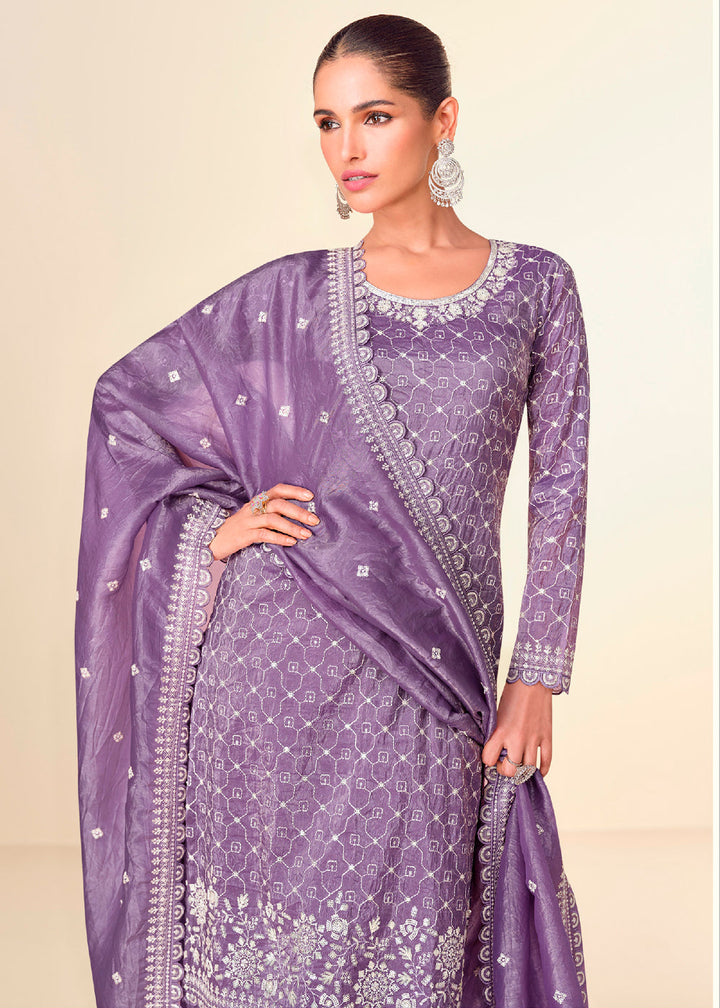 Amethyst Purple Embroidered Crush Tissue Plazzo Suit