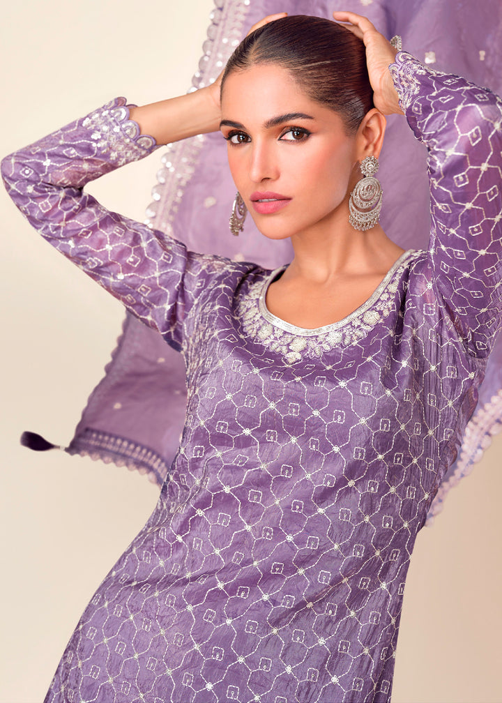 Amethyst Purple Embroidered Crush Tissue Plazzo Suit